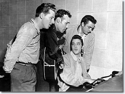 December 1956: It was a Carl Perkins recording session at Sun Records. Elvis stopped by to see what's happening -- this was a year after he left Sun for RCA. Jerry Lee Lewis was always hanging around the studio -- he hadn't quite made it yet. So the three of them started goofing around, and [Sun Studio owner] Sam Phillips was smart enough to leave the tape running. After awhile, Sam realized the was an amazing occurrence, so he calls Johnny Cash and says, 