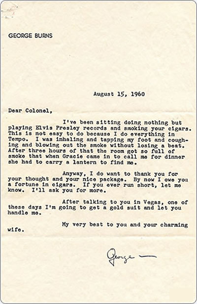 Letter to Colonel Parker from actor George Burns