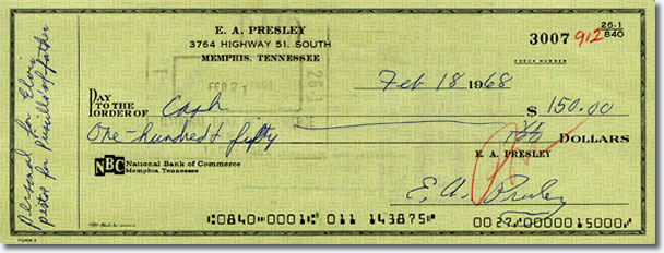 Check from February 1968 for a Colt Python pistol. When Lt. Col. Beaulieu (Priscilla's father) was going to Vietnam, Elvis worried about his safety. Concerned that Lt. Col. Beaulieu might get stuck in a dangerous situation, Elvis Presented him with the pistol, which he always carried but never had to use. 