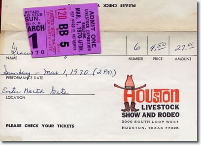 Houston Astrodome Ticket for March 1, 1970 afternoon show