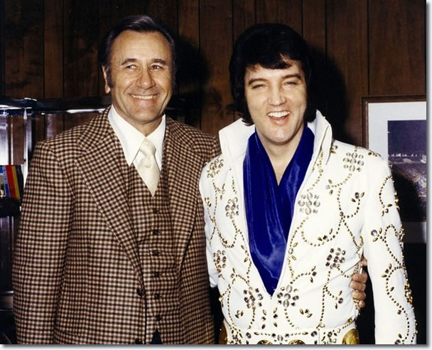 Oral Roberts with Elvis Presley before Elvis' evening show at the Mabee Center at Oral Roberts University in Tulsa, OK on March 1, 1974