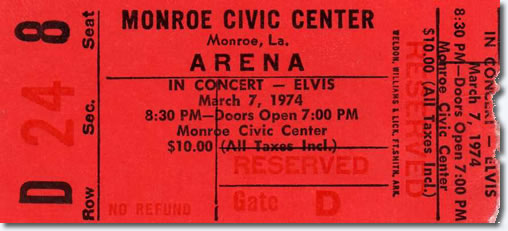 Ticket for the concert that night : March 7, 1974 : Monroe Louisiana : March 7, 1974.