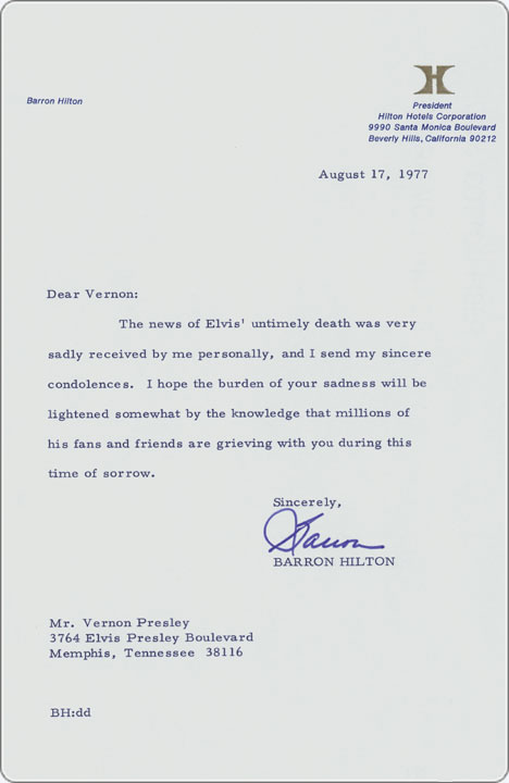 August 17, 1977 - condolence letter to Vernon Presley from hotel magnate Barron Hilton.