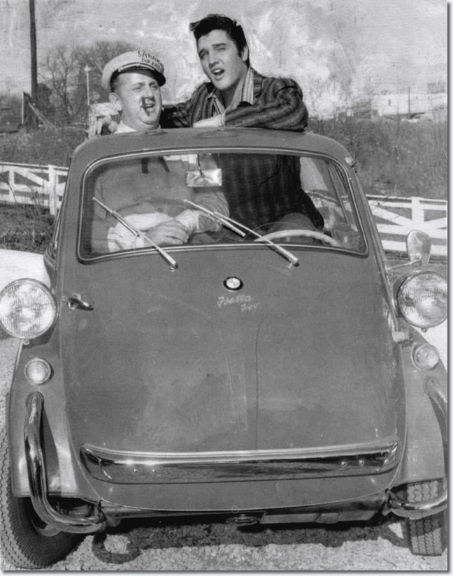 Colonel Parker and Elvis Presley in the BMW Isetta : The Colonel home : 1215 Gallatin Road South Madison, Tennessee 37115