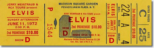 Elvis Presley : Madison Square Garden : June 10, 1972 : Evening Show : 2:30pm : Ticket