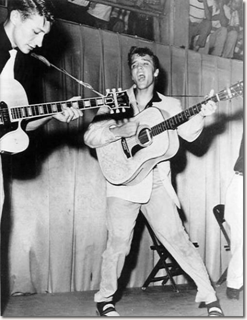 Scotty Moore and Elvis at Fort Homer W. Hesterly Armory, Tampa, FL July 31, 1955
