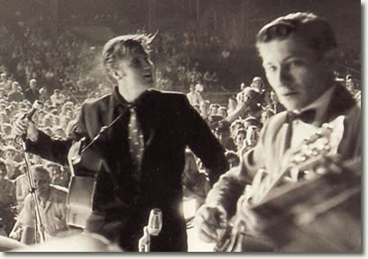 Elvis Presley and Scotty Moore on stage at Russwood  - July 4, 1956