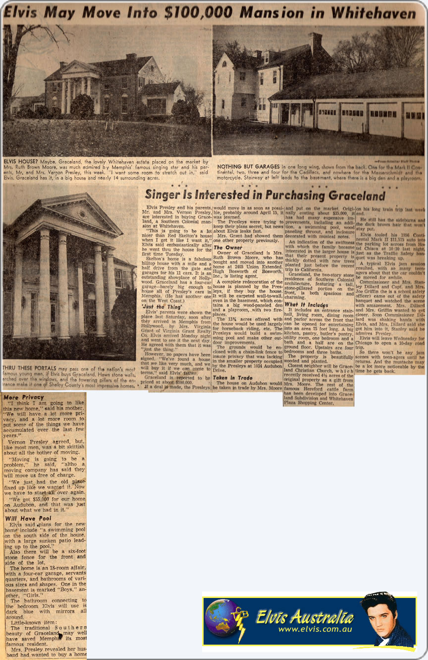 Elvis Presley - Elvis may move into Graceland Newspaper article - 1956