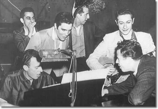 George Klein, Elvis, D. J. Fontana, Scotty Moore, Gordon Stoker and Neal Matthews Jailhouse Rock Sessions at Radio Recorders, Hollywood, CA May 1957