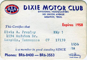 Elvis' Dixie Motor Club AAA membership card, issued in May of 1957. Even though Elvis purchased Graceland earlier that year, the card mistakenly had his Audubon Drive address printed on it.