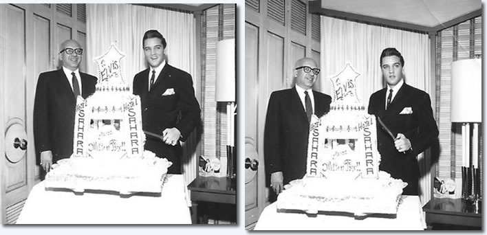 Elvis celebrates his twenty seventh birthday in Las Vegas with a cake supplied by the casinos owner and friend of Colonel Parkers, Milton Prell, January 8, 1962.