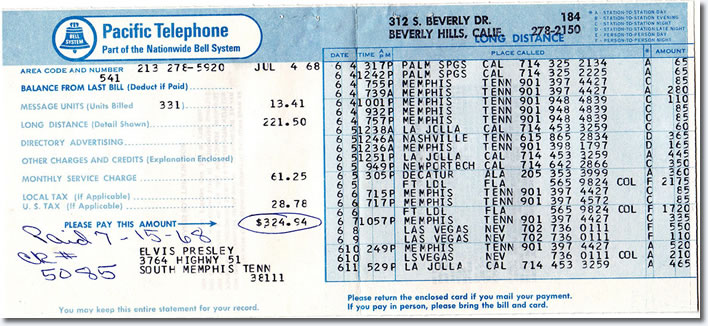 Elvis Presley : Phone Bill : July 15, 1968.