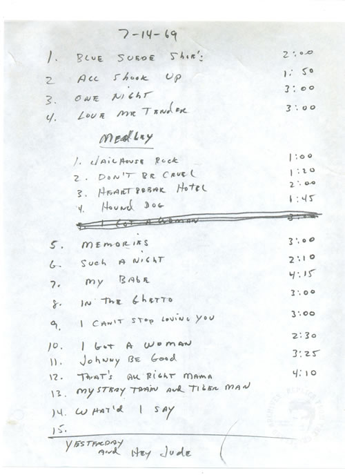 Elvis Presley | July 14, 1969 | Rehearsal song list