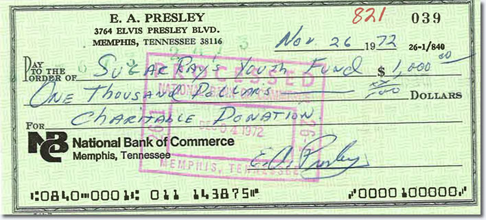 Here you can see a check Elvis wrote in 1972 to the Sugar Ray Youth Fund on November26, 1972.