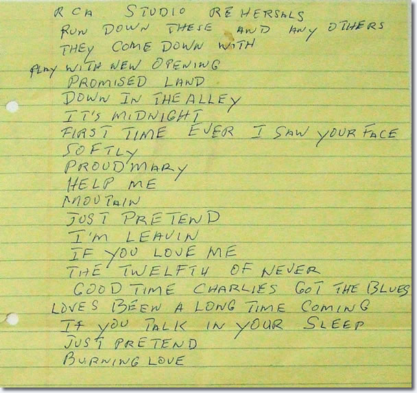 Elvis Presley's hand written Set list for RCA Rehearsals : August 14, 15, 16, 1974.