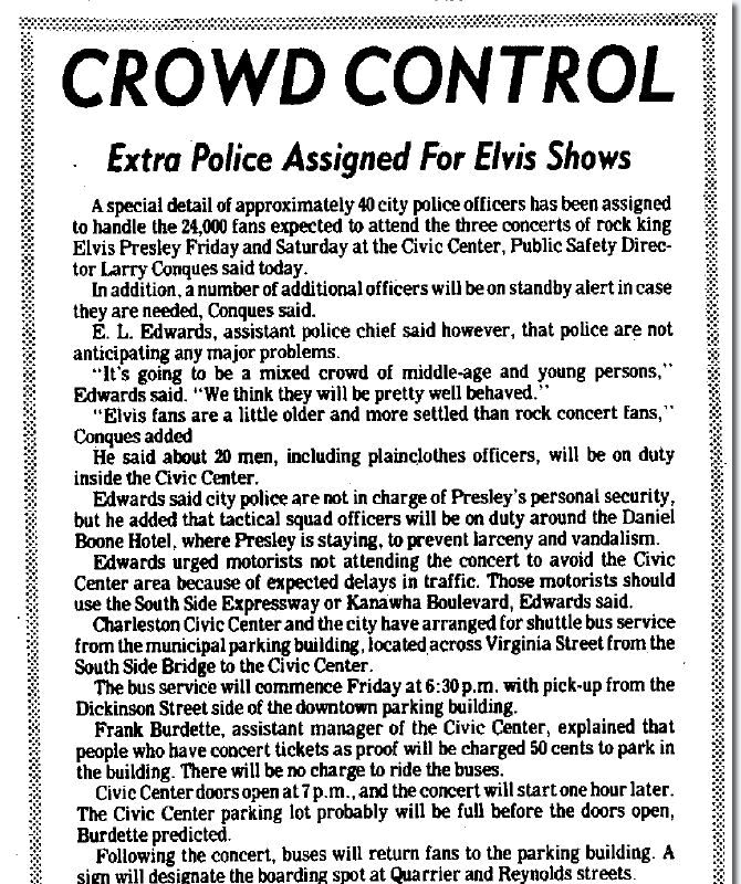 Elvis Presley : Charleston West Virginia : July 11, 1975 : Newspaper article on crowd control.