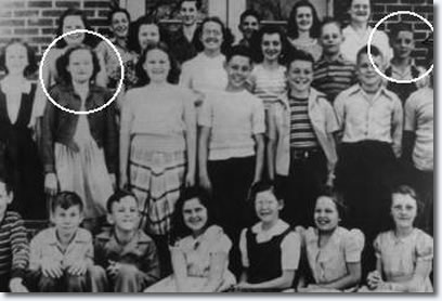 Elvis (far right, third row, in overalls) and Evelyn (second from left, second row) in their sixth grade class picture. 'He sang all the blessed time', Evelyn recalls.